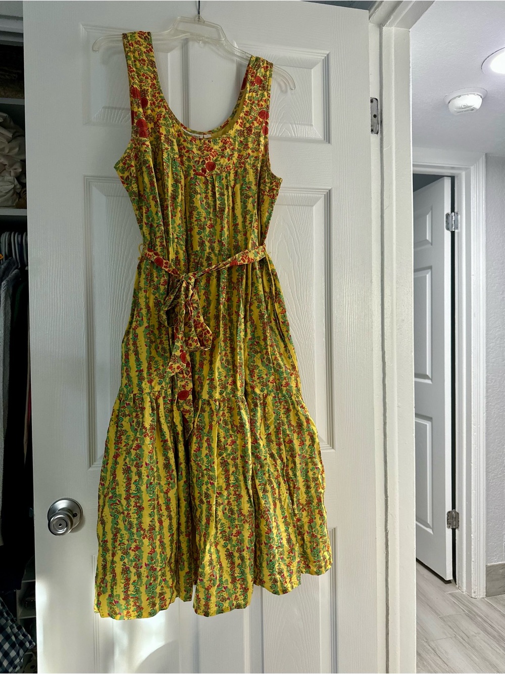 Roller Rabbit Yellow Floral Tiered Midi Dress with Waist Tie